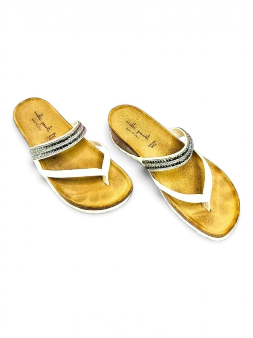 Mila Paoli Italian Leather Sandals Size 6 Cork Wedge White